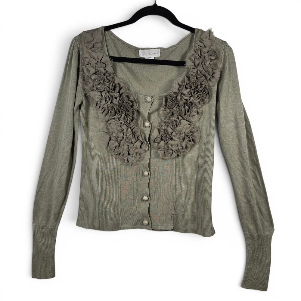 Spiegel Womens Sage Green Ruffle Trim Button Front Cardigan Sweater Large Boho